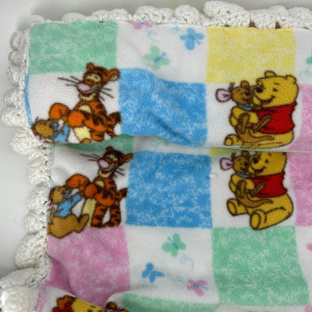 Handmade Winnie the Pooh & Friends Fleece Baby Blanket Reversible Crochet Pastel